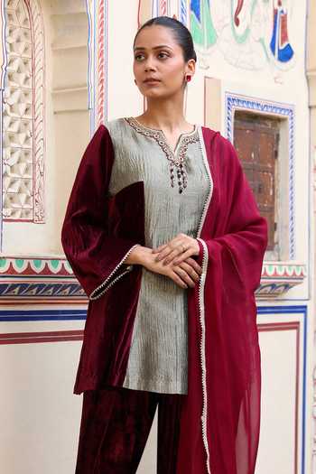 Buy Swati Wadhwani Couture Red Tissue, Velvet Yes Embroidered Kurta Set Online at Aza Fashions Buy_Swati Wadhwani Couture_Red Tissue, Velvet Yes Embroidered Kurta Set _Online_at_Aza_Fashions
