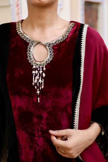 Shop_Swati Wadhwani Couture_Red Velvet, Brocade Round Neck, Yes Kurta Set _Online_at_Aza_Fashions