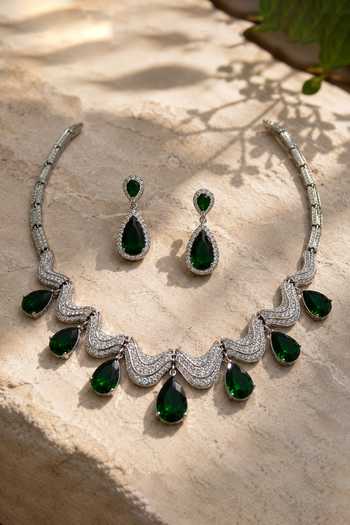 Shop Vivinia By Vidhi Mehra Silver Plated Emerald Teardrop Necklace Set at Aza Fashions Shop_Vivinia By Vidhi Mehra_Silver Plated Emerald Teardrop Necklace Set _at_Aza_Fashions