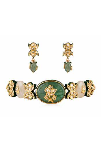 Shop Vivinia By Vidhi Mehra Green Emerald Floral Gemstone Choker Set Online at Aza Fashions Shop_Vivinia By Vidhi Mehra_Green Emerald Floral Gemstone Choker Set _Online_at_Aza_Fashions