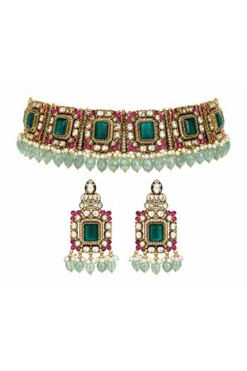 Vivinia By Vidhi Mehra_Gold Plated Emerald Kundan Choker Set _Online_at_Aza_Fashions