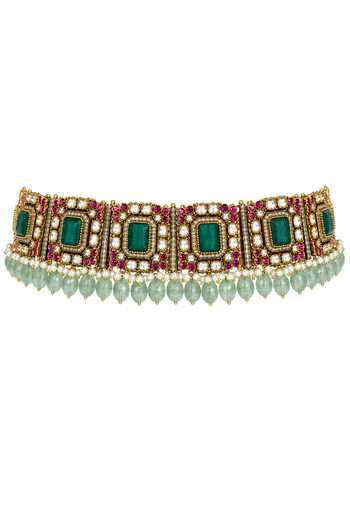 Buy_Vivinia By Vidhi Mehra_Gold Plated Emerald Kundan Choker Set _Online_at_Aza_Fashions