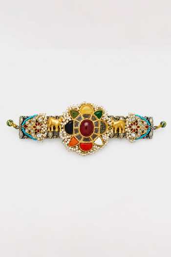 Vivinia By Vidhi Mehra_Gold Plated Navratna Floral Choker Set _Online_at_Aza_Fashions