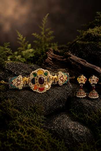Vivinia By Vidhi Mehra_Gold Plated Navratna Floral Choker Set _at_Aza_Fashions