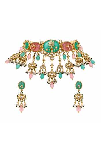 Shop Vivinia By Vidhi Mehra Gold Plated Pastel Kundan Floral Choker Set Online at Aza Fashions Shop_Vivinia By Vidhi Mehra_Gold Plated Pastel Kundan Floral Choker Set _Online_at_Aza_Fashions