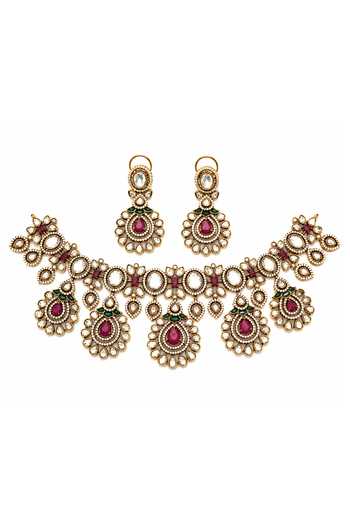 Buy_Vivinia By Vidhi Mehra_Gold Plated Ruby Kundan Statement Necklace Set _Online_at_Aza_Fashions