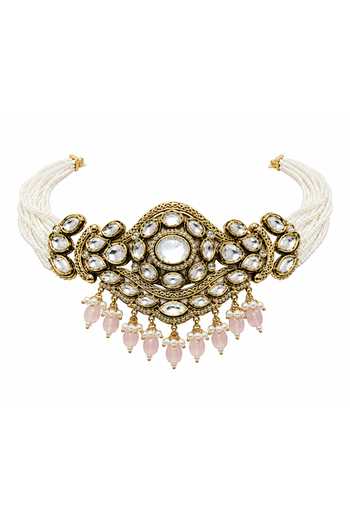Vivinia By Vidhi Mehra Gold Plated Kundan Pastel Pink Beaded Choker Set Online at Aza Fashions Vivinia By Vidhi Mehra_Gold Plated Kundan Pastel Pink Beaded Choker Set _Online_at_Aza_Fashions