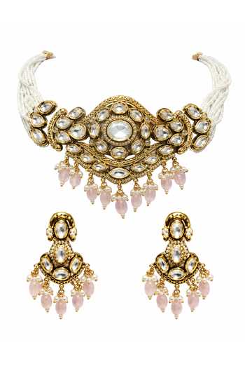 Shop Vivinia By Vidhi Mehra Gold Plated Kundan Pastel Pink Beaded Choker Set Online at Aza Fashions Shop_Vivinia By Vidhi Mehra_Gold Plated Kundan Pastel Pink Beaded Choker Set _Online_at_Aza_Fashions
