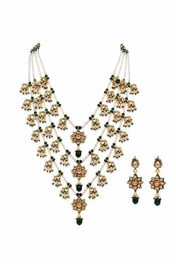 Buy_Vivinia By Vidhi Mehra_Green Layered Kundan And Emerald Beaded Necklace Set _Online_at_Aza_Fashions