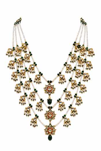 Shop_Vivinia By Vidhi Mehra_Green Layered Kundan And Emerald Beaded Necklace Set _Online_at_Aza_Fashions