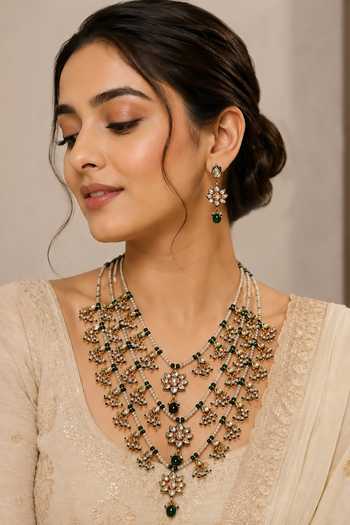 Vivinia By Vidhi Mehra Layered Kundan & Emerald Beaded Necklace Set 