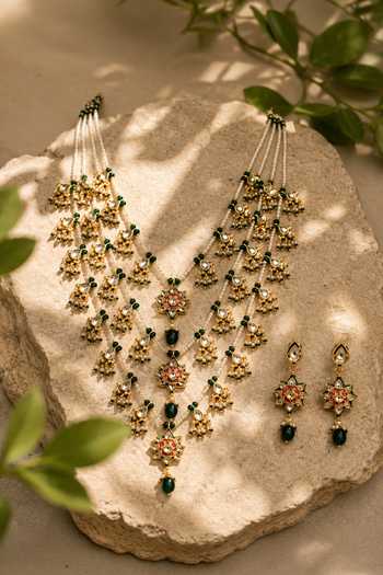 Vivinia By Vidhi Mehra Layered Kundan & Emerald Beaded Necklace Set 
