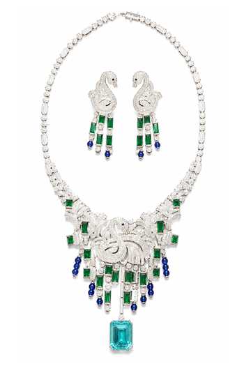 Buy_Vivinia By Vidhi Mehra_Blue Emerald Sapphire Swan Statement Necklace Set _Online_at_Aza_Fashions