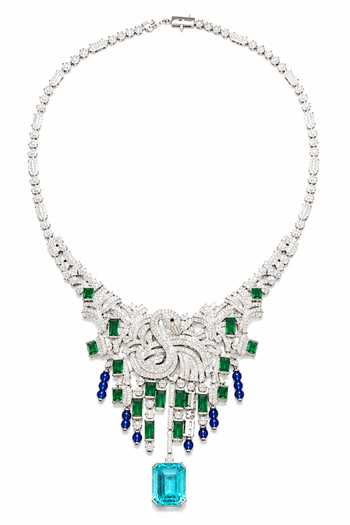 Shop_Vivinia By Vidhi Mehra_Blue Emerald Sapphire Swan Statement Necklace Set _Online_at_Aza_Fashions