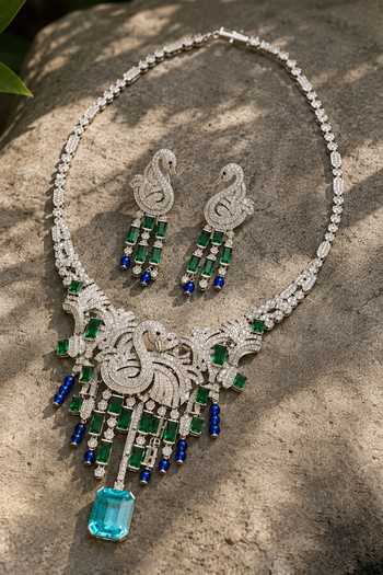 Vivinia By Vidhi Mehra Emerald Sapphire Swan Statement Necklace Set 