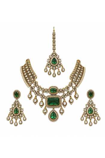 Shop_Vivinia By Vidhi Mehra_Emerald Green Bridal Polki Necklace Set _Online_at_Aza_Fashions