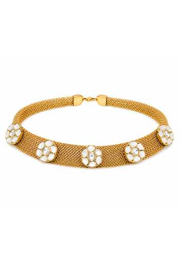 Shop Vivinia By Vidhi Mehra Gold Plated Floral Mesh Choker Necklace Set Online at Aza Fashions Shop_Vivinia By Vidhi Mehra_Gold Plated Floral Mesh Choker Necklace Set _Online_at_Aza_Fashions
