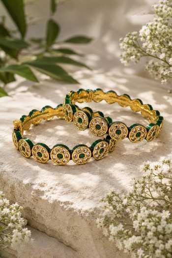 Vivinia By Vidhi Mehra Emerald Polki Floral Kada - Set Of 2 