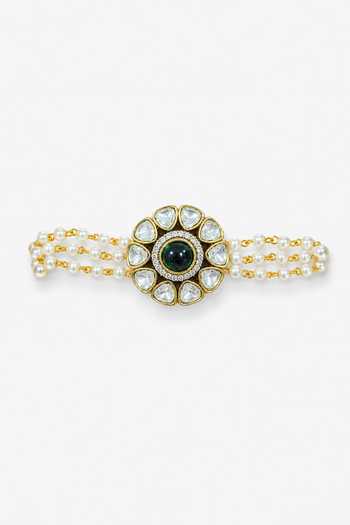 Vivinia By Vidhi Mehra_Green Emerald Polki Floral Pearl Bracelet _Online_at_Aza_Fashions
