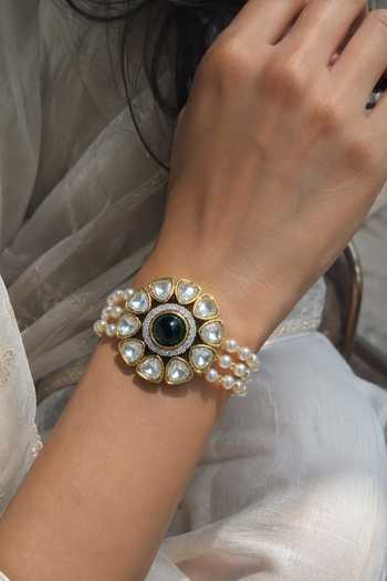 Vivinia By Vidhi Mehra Emerald Polki Floral Pearl Bracelet 