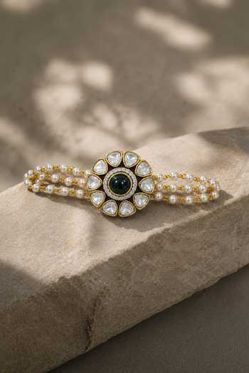 Vivinia By Vidhi Mehra Emerald Polki Floral Pearl Bracelet 