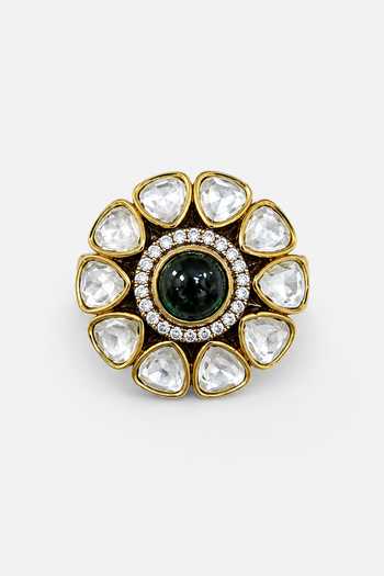 Vivinia By Vidhi Mehra Green Emerald Polki Floral Statement Ring Online at Aza Fashions Vivinia By Vidhi Mehra_Green Emerald Polki Floral Statement Ring _Online_at_Aza_Fashions