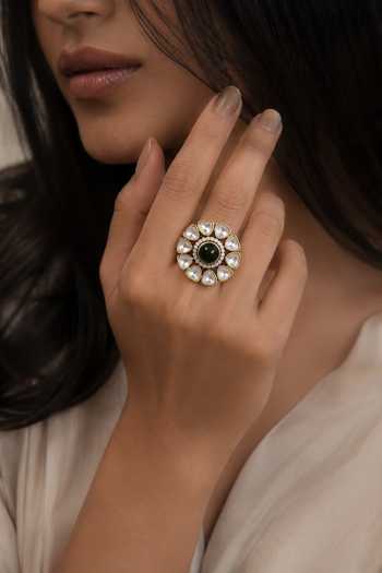 Vivinia By Vidhi Mehra Emerald Polki Floral Statement Ring 