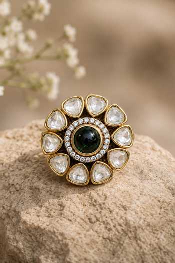 Vivinia By Vidhi Mehra Emerald Polki Floral Statement Ring 