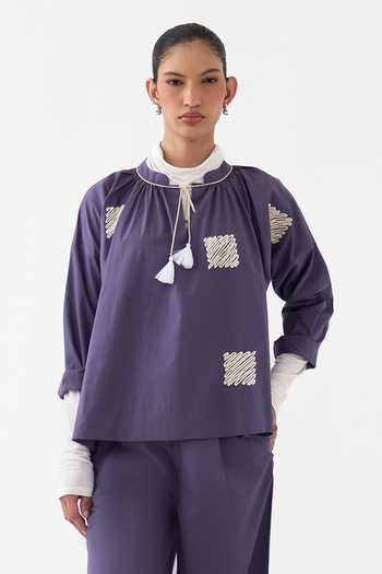 Three Wave Embroidery Poplin Top