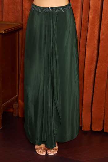 Shop_Samyukta Singhania_Emerald Green Silk, Crepe Square Neck Placement Embroidered Cape Skirt Set _Online_at_Aza_Fashions