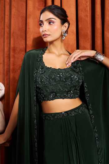 Buy_Samyukta Singhania_Emerald Green Silk, Crepe Square Neck Placement Embroidered Cape Skirt Set 