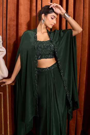 Shop_Samyukta Singhania_Emerald Green Silk, Crepe Square Neck Placement Embroidered Cape Skirt Set 