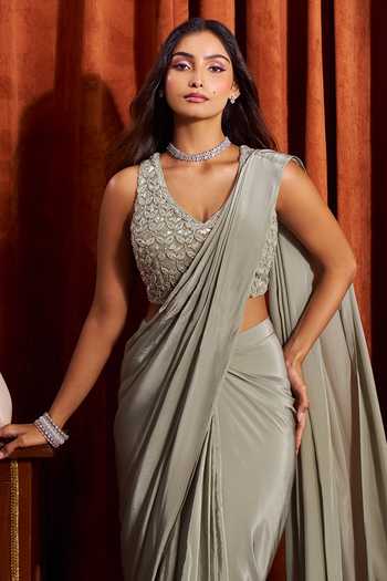 Buy_Samyukta Singhania_Green Silk, Crepe V-neck Pre-draped Saree With Leaf Embroidered Blouse 