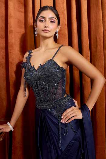 Buy Samyukta Singhania Blue Crepe Sequins, Beads Pre-draped Saree With Cutdana Embroidered Blouse Buy_Samyukta Singhania_Blue Crepe Sequins, Beads Pre-draped Saree With Cutdana Embroidered Blouse