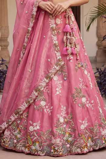 Buy_Samyukta Singhania_Pink Tissue V-neck Floral Embroidered Lehenga Set _Online_at_Aza_Fashions