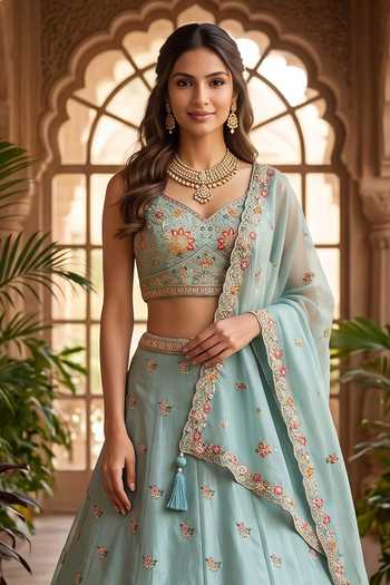 Buy Samyukta Singhania Blue Organza Hand Embroidered Lehenga Set Online at Aza Fashions Buy_Samyukta Singhania_Blue Organza Hand Embroidered Lehenga Set _Online_at_Aza_Fashions