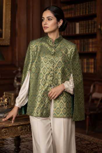 Shop Dusala Green Silk Mandarin Collar Gayatri Banarasi Cape Online at Aza Fashions Shop_Dusala_Green Silk Mandarin Collar Gayatri Banarasi Cape _Online_at_Aza_Fashions