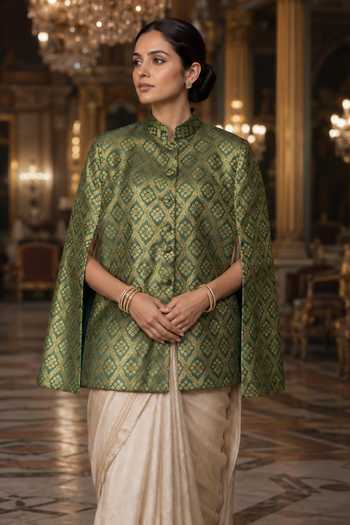 Dusala Green Silk Mandarin Collar Gayatri Banarasi Cape at Aza Fashions Dusala_Green Silk Mandarin Collar Gayatri Banarasi Cape _at_Aza_Fashions