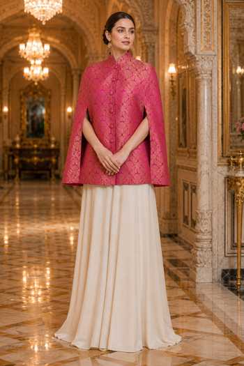 Buy Dusala Fuchsia Silk Mandarin Collar Mira Banarasi Cape Online at Aza Fashions Buy_Dusala_Fuchsia Silk Mandarin Collar Mira Banarasi Cape _Online_at_Aza_Fashions