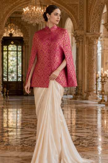 Shop Dusala Fuchsia Silk Mandarin Collar Mira Banarasi Cape Online at Aza Fashions Shop_Dusala_Fuchsia Silk Mandarin Collar Mira Banarasi Cape _Online_at_Aza_Fashions