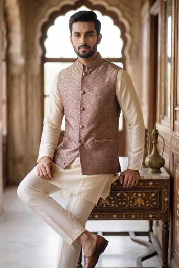 Dusala Brown Silk Pratap Banarasi Waistcoat Online at Aza Fashions Dusala_Brown Silk Pratap Banarasi Waistcoat _Online_at_Aza_Fashions