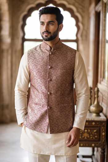 Buy Dusala Brown Silk Pratap Banarasi Waistcoat Online at Aza Fashions Buy_Dusala_Brown Silk Pratap Banarasi Waistcoat _Online_at_Aza_Fashions