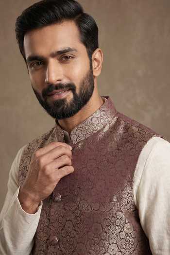 Shop Dusala Brown Silk Pratap Banarasi Waistcoat Online at Aza Fashions Shop_Dusala_Brown Silk Pratap Banarasi Waistcoat _Online_at_Aza_Fashions