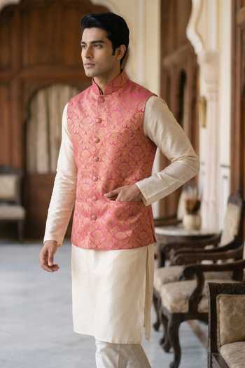 Dusala Pink Silk Akbar Banarasi Waistcoat Online at Aza Fashions Dusala_Pink Silk Akbar Banarasi Waistcoat _Online_at_Aza_Fashions