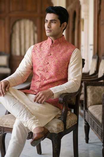 Buy Dusala Pink Silk Akbar Banarasi Waistcoat Online at Aza Fashions Buy_Dusala_Pink Silk Akbar Banarasi Waistcoat _Online_at_Aza_Fashions