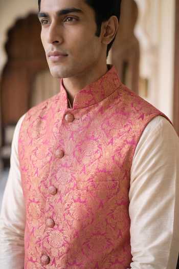Dusala Pink Silk Akbar Banarasi Waistcoat at Aza Fashions Dusala_Pink Silk Akbar Banarasi Waistcoat _at_Aza_Fashions