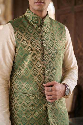 Shop Dusala Green Silk Bajirao Banarasi Waistcoat Online at Aza Fashions Shop_Dusala_Green Silk Bajirao Banarasi Waistcoat _Online_at_Aza_Fashions