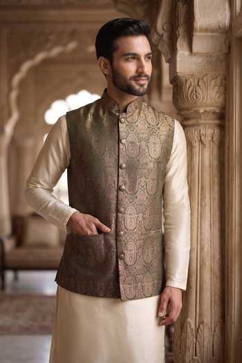Dusala Green Silk Ashoka Banarasi Waistcoat Online at Aza Fashions Dusala_Green Silk Ashoka Banarasi Waistcoat _Online_at_Aza_Fashions