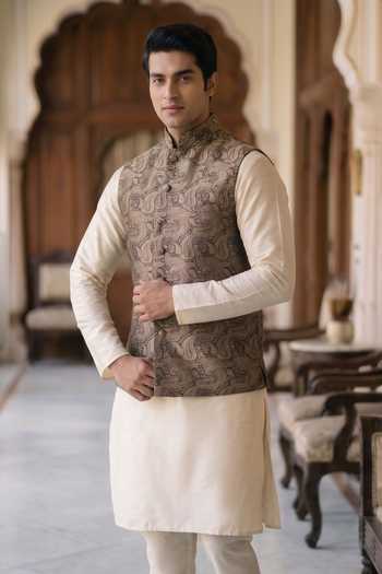 Dusala_Black Silk Salim Banarasi Zari Waistcoat _Online_at_Aza_Fashions