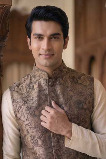 Shop_Dusala_Black Silk Salim Banarasi Zari Waistcoat _Online_at_Aza_Fashions